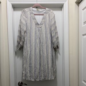 Striped V-Neck Midi Dress in Cream and Indigo